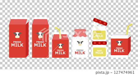 紅色牛奶和優格容器（包裝、乳製品）的向量插圖集 127474961