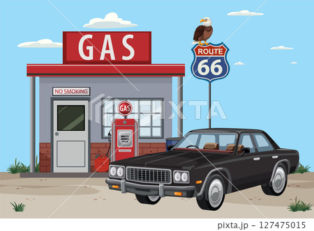 Retro Route 66 Gas Station Illustration 127475015