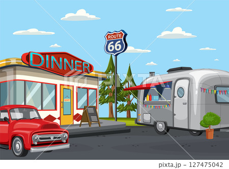 Retro Route 66 Diner and Vintage Trailer Scene 127475042