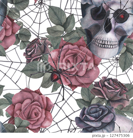 Seamless pattern Scull, dark roses with black spider, cobweb isolated on white background. Watercolor hand drawn illustration. Art design mystical graphics Halloween witch fabric, textile decoration Seamless pattern Scull, dark roses with black spider, cobweb isolated on white background. Watercolor hand drawn illustration. Art design mystical graphics Halloween witch fabric, textile decoration 127475306