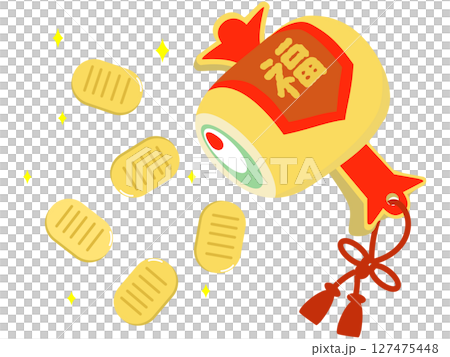 新年幸運符：木槌和金幣、向量插圖、新年卡 127475448