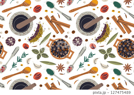 Flat cartoon vector illustration pattern with spices, herbs, mortar and pestle, spoonfuls of ground seasoning. Aromatic culinary ingredients for kitchen textiles, packaging, recipe cards, food blogs 127475489