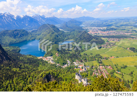 Aerial view of Neuschwanstein Castle, Alpsee and Schwansee in the Bavarian Alps, Germany 127475593