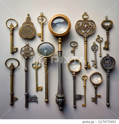 アンティークキーとルーペのコレクション 127475991
