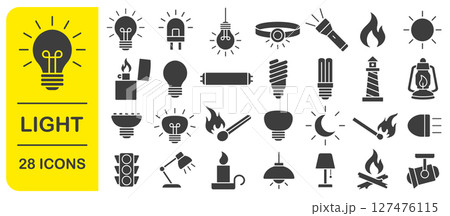 Light icon symbol set. Light bulb, lamp, flashlight, LED, lantern, spotlight, campfire and lighter icons sign. Vector illustration image. Isolated on white background. Light icon symbol set. Light bulb, lamp, flashlight, LED, lantern, spotlight, campfire and lighter icons sign. Vector illustration image. Isolated on white background. 127476115