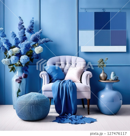 an AI Image Generator, Elegant Blue Living Room With Stylish Decor 127476117