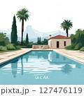an AI Image Generator, Luxurious Outdoor Poolside with Tropical Palm Decor 127476119