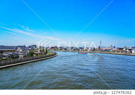 6月の青砥橋絡みたスカイツリーのある風景 6月の青砥橋絡みたスカイツリーのある風景 127476162
