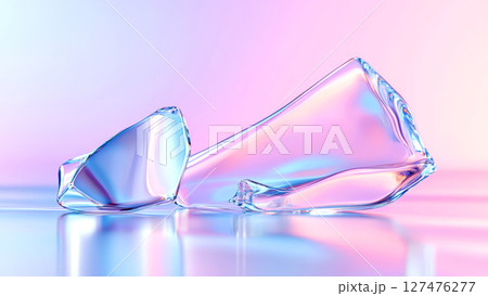 Two abstract crystal shapes are reflecting on a smooth iridescent surface with pink and blue gradient background Two abstract crystal shapes are reflecting on a smooth iridescent surface with pink and blue gradient background 127476277