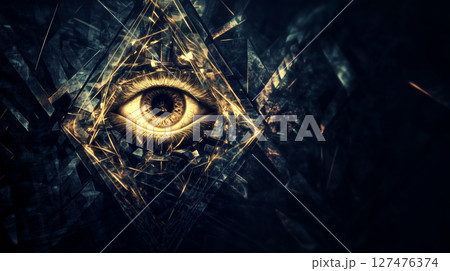 三角形と眼で構成された抽象的なシンボル、伝統的な陰謀と未知の神秘的なシンボル。 三角形と眼で構成された抽象的なシンボル、伝統的な陰謀と未知の神秘的なシンボル。 127476374