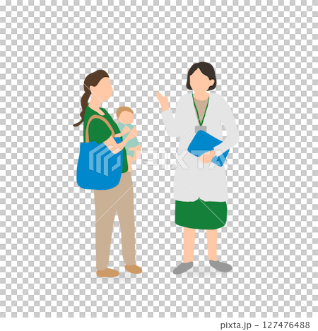 保健師と母親が会話しているイラスト（乳幼児健診） 127476488