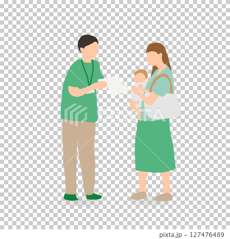 Illustration of a local staff member explaining to a mother with an infant (maternal and child support) 127476489