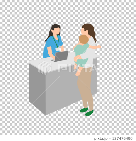 窓口で受付をする母親と赤ちゃんのイラスト(福祉支援) 窓口で受付をする母親と赤ちゃんのイラスト(福祉支援) 127476490