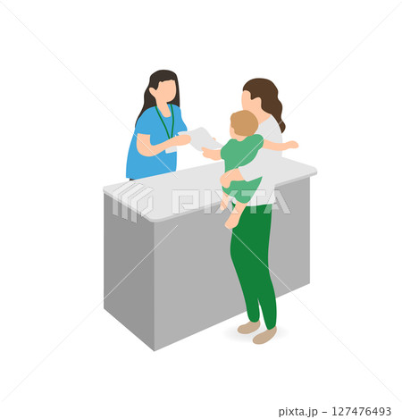 子育て支援センターで案内を受ける母親と子どものイラスト 127476493