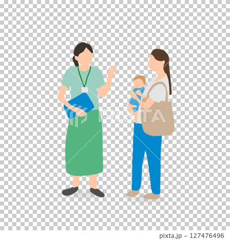 Illustration of a mother and a public health nurse receiving childcare consultation (support center scene) 127476496