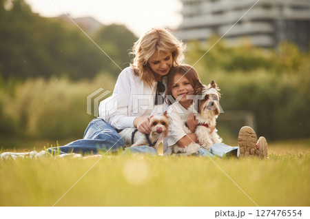 Sitting together. Beautiful mother with her little daughter and dogs are on the summer field 127476554