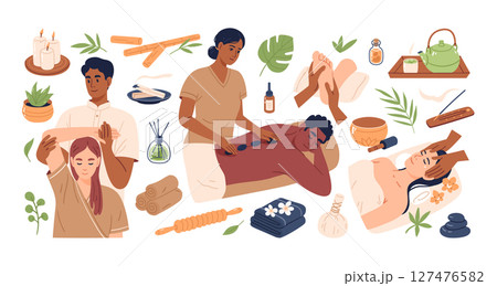 Thai massage therapy scenes set featuring traditional techniques hot stone therapy, head massage and Thai yoga massage. Hand drawn vector illustration for spa app, website. 127476582