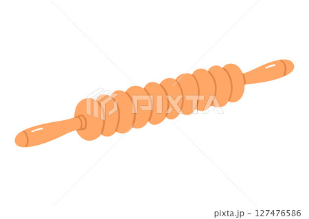 Wooden massage roller for body therapy, made of natural materials. Hand drawn vector isolated illustration on white background. 127476586