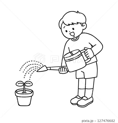 植物に水やりをする男の子　線画 127476682