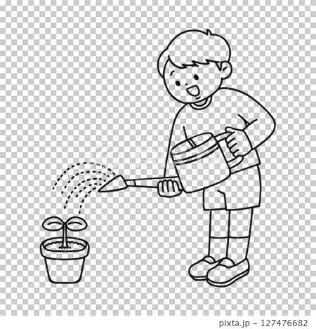 植物に水やりをする男の子　線画 127476682