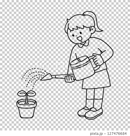 植物に水やりをする女の子　線画 127476684
