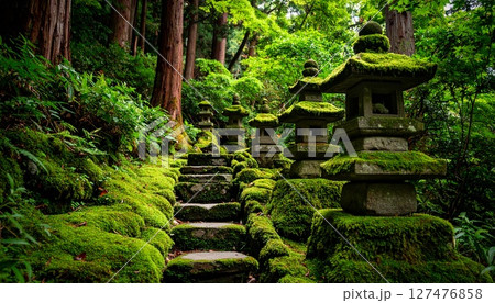 苔の付いた古い灯籠のある景色 127476858