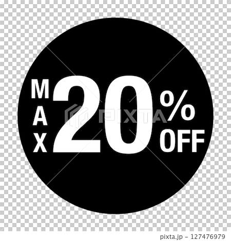 圓形向量插圖，帶有文字“MAX 20% OFF”黑白文字透明背景 127476979