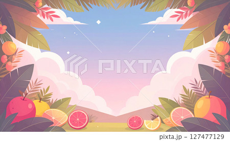実りの秋の風景、フルーツと葉っぱの背景素材 実りの秋の風景、フルーツと葉っぱの背景素材 127477129