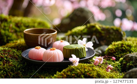 日本庭園の苔むした石の上に置かれた和菓子 127477135