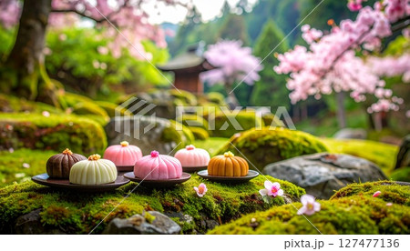 日本庭園の苔むした石の上に置かれた和菓子 127477136
