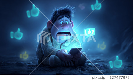 A haunting surreal digital illustration depicting a person with hollow, empty eyes fixated on a glowing 'Like' button. Generative AI 127477975