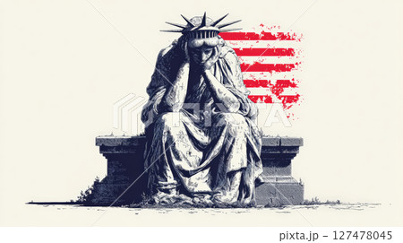 A powerful vector illustration of the Statue of Liberty depicted in a moment of sorrow and despair. Generative AI 127478045