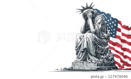 A powerful vector illustration of the Statue of Liberty depicted in a moment of sorrow and despair. Generative AI 127478046