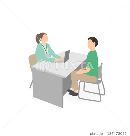 育児支援窓口で面談する父親と担当者のイラスト 127478055