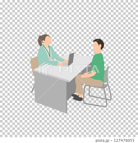 育児支援窓口で面談する父親と担当者のイラスト 127478055