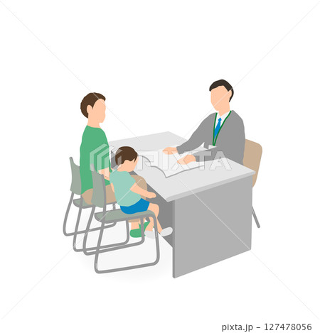 子どもを連れて相談する父親のイラスト（面談シーン） 127478056