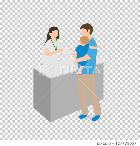 父親和孩子與接待員（支援中心）交談的插圖 127478057