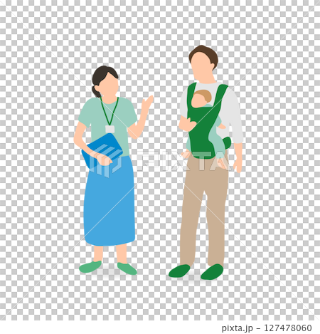 父親とスタッフが育児について話すイラスト（家庭支援） 127478060