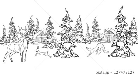 Christmas seamless border of snowy trees, woodland hut, and forest animals hand drawn black white outline vector. Winter fir forest with rustic cabin, deer, fox, and hare ink sketch for festive prints 127478127