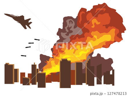 市街地に爆弾を落とす戦闘機のイメージイラスト 127478213