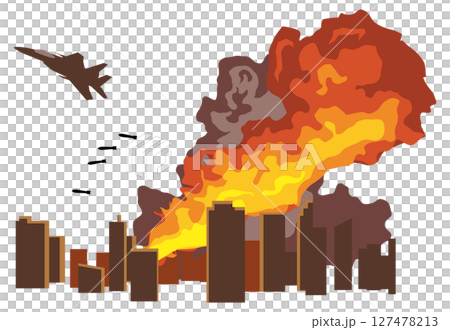 市街地に爆弾を落とす戦闘機のイメージイラスト 127478213