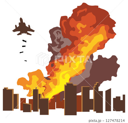 市街地に爆弾を落とす戦闘機のイメージイラスト 127478214