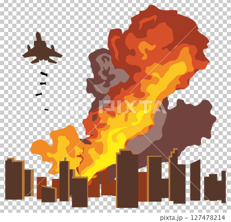 市街地に爆弾を落とす戦闘機のイメージイラスト 127478214