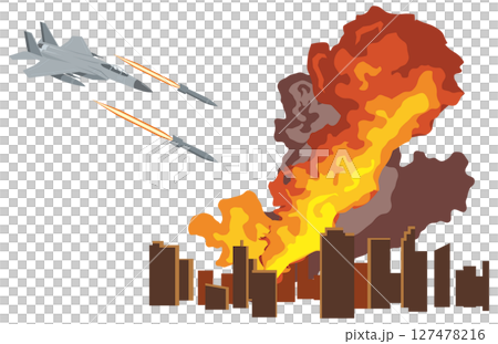 Illustration of a fighter jet dropping a bomb on a city Illustration of a fighter jet dropping a bomb on a city 127478216