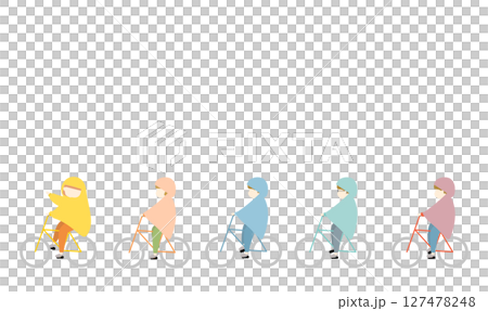 レインコートを着てカラフルな自転車に乗る男女のイラスト 127478248