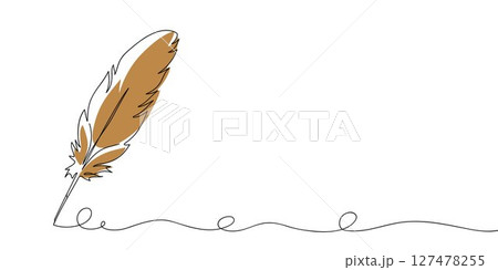 Continuous line drawing of writing quill feather pen. Minimalist black linear sketch isolated on white background. Hand drawn vector illustration. 127478255