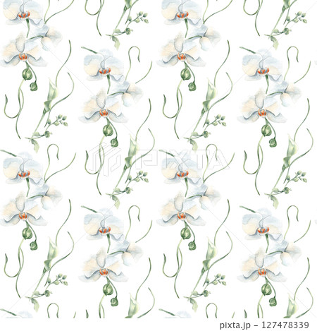 Watercolor seamless floral print with white orchid blooms, lily buds, and graceful stems isolated. Light neutral botanical repeat pattern for design wrapping paper, wallpaper, textile and background. 127478339