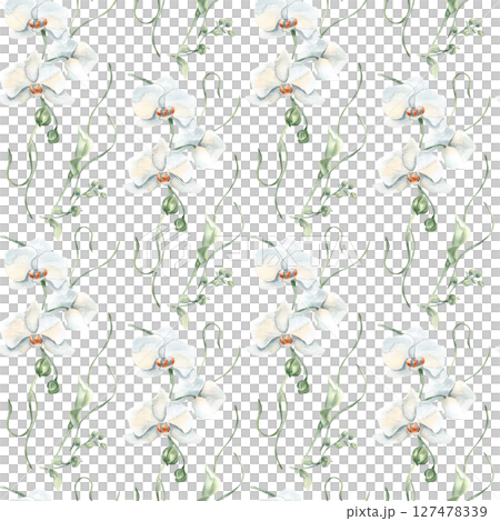 Watercolor seamless floral print with white orchid blooms, lily buds, and graceful stems isolated. Light neutral botanical repeat pattern for design wrapping paper, wallpaper, textile and background. 127478339