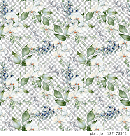 Juniper greenery, white orchids, winding twigs soft watercolor seamless pattern isolated. Neutral botanical repeated background hand painted foliage and flowers for packaging, fabric design, textile. 127478341