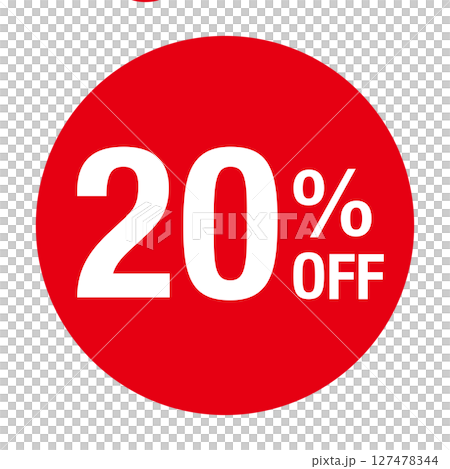 ”20％OFF ”の文字入り 円形のベクターイラスト　赤色　白文字　背景透過　 127478344